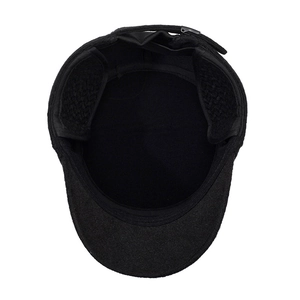 Winter flat top hat for men with ear flaps and adjustable metal buckle in black