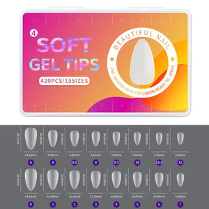 Size chart for 420 pieces matte soft gel almond nail tips in 15 different dimensions