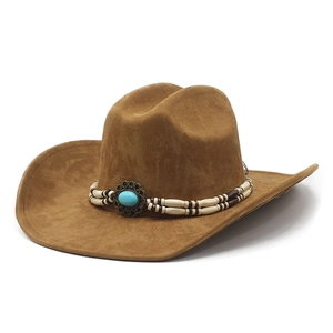 Close-up of brown western cowboy hat featuring ethnic beaded band and turquoise stone detail