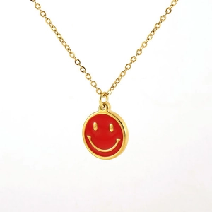 18K gold plated stainless steel necklace with a red enamel smiley face pendant for women