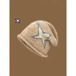 Khaki Strickmütze mit Stern für Damen, weiche Mohair-Mütze für Herbst und Winter