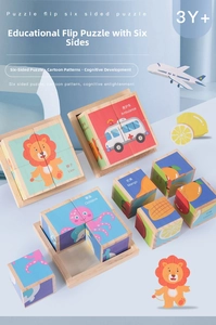 Detail showing high-quality wooden 3D cube puzzle with vibrant animal and fruit graphics