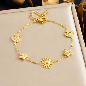 Stainless Steel Gold Plated Sun Moon Star Charm Bracelet With Zircon Dainty Celestial Adjustable Jewelry For Women