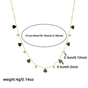 Gold plated stainless steel necklace with black heart pendant and clear zircon stone