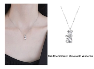 Detail of silver cat pendant necklace with zircon stones and model wearing shot