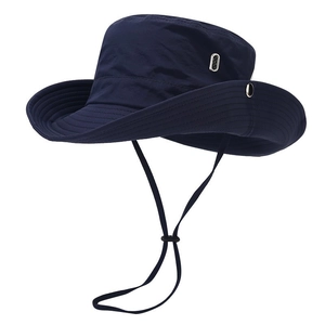 Navy blue quick-dry outdoor bucket hat with wide brim and adjustable chin strap