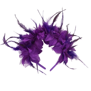 Elegant purple feather headband with fabric flowers and mesh for carnival party