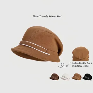 Women Winter Bucket Hat Warm Plush Knit Cloche Hat With Stripe Button Decor For Large Head Circumference Casual Style