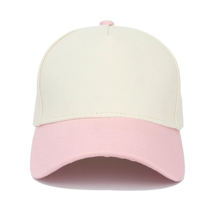 Front view of a two-tone baseball cap in beige and pink with high-quality cotton twill texture