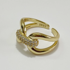 Adjustable S925 sterling silver gold ring with interlocking twist design and pavé zircons