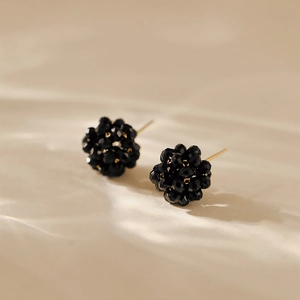 Elegant black crystal cluster stud earrings with 18K gold plated woven base for women