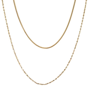Detail of gold-plated layered snake and water-wave chain necklace on white backdrop