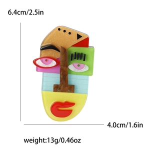 Abstract acrylic Van Gogh style face brooch with colorful patterns and size measurements