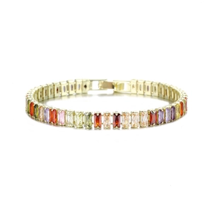 Chic gold-plated copper bracelet with vibrant colorful rectangular cubic zirconia stones