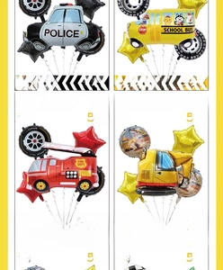 Detailed packaging showing 5-piece transport vehicle foil balloon sets with safety labels
