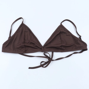 Detailed view of a brown triangle bikini top with adjustable lace-up ties and fine stitching
