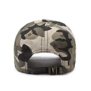 Adjustable men's jungle camouflage baseball cap with antique bronze metal buckle back view