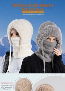 Detail of 3-in-1 winter knit hat with thickened fleece lining and plush faux fur trim