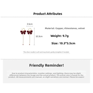 Detail specifications of burgundy flocking bow earrings with long gold tassels and rhinestones