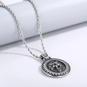 Collier avec pendentif tête de lion argenté vintage et chaîne torsadée pour homme
