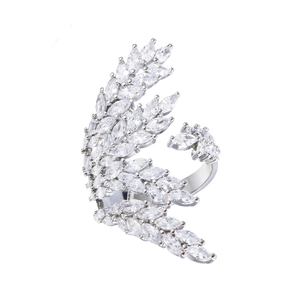 Exquisite silver angel wing open ring with micro-pave marquise cubic zirconia stones
