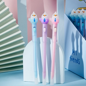 Three cute cartoon bird pens in pastel blue, purple, and pink on decorative background