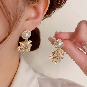 Radiating Firework Starburst Drop Earrings Brass 14K Gold Plated Zircon Artificial Pearl With 925 Sterling Silver Earring Post