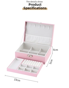 Detailed view of pink PU leather jewelry box with 23cm dimensions and inner compartments