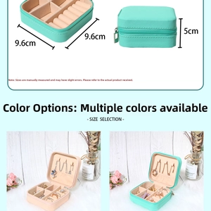 Detailed internal layout of portable PU jewelry box showing 9.6x9.6x5cm dimensions