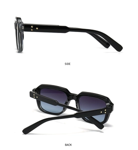 Side and back views of retro round sunglasses with gold star rivets on black frame