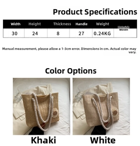 Detailed size specifications and weight for the large woven straw tote shoulder bag