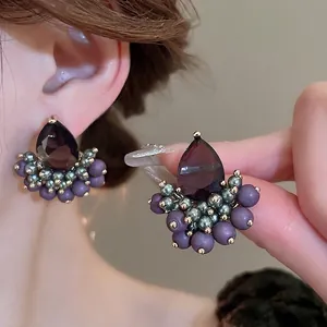 Purple Water Drop Zircon Stud Earrings With 925 Sterling Silver Earring Post Retro French Cluster Bead Jewelry For Women