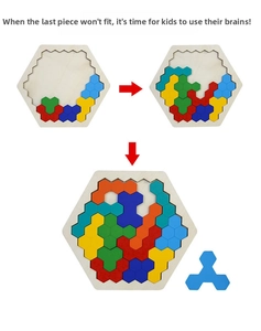 Three-step progress view of a hexagonal wooden geometric puzzle with colorful blocks
