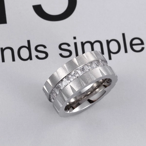 Wide silver titanium steel ring with matte brushed finish and square zircon inlay