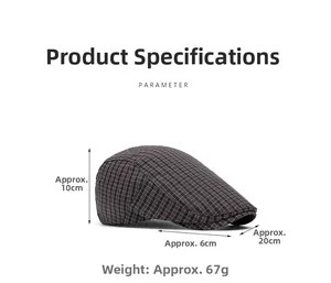 British style checkered flat cap with dimensions and weight measurements on white background