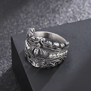 Macro view of retro crown ring in antique silver with cubic zirconia stone details