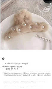 Detail view of cream plush hair claw with pearls showing 14cm size and soft fur texture
