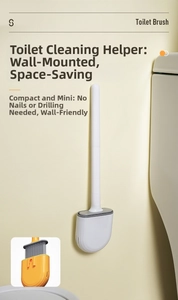 Detail showing wall-mounted toilet brush with silicone bristles and drain base