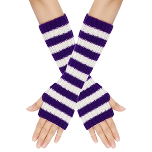 Detail of purple and white striped knit arm warmers with a comfortable fingerless design