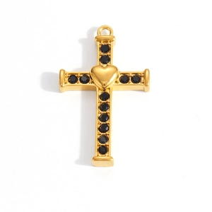 Gold plated stainless steel cross pendant with black zircons and a central heart shape