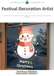 Close-up of a cartoon snowman Christmas window decal with Merry Christmas text on glass
