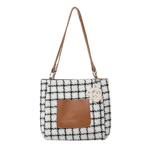 Large houndstooth tote bag with brown leather pocket and cute cat pendant decoration