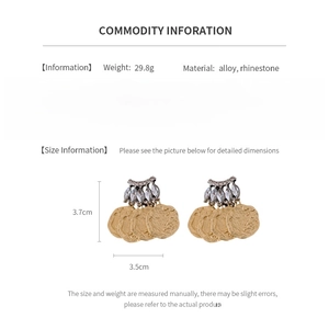 Detailed spec sheet of vintage geometric tassel earrings with dimensions and material info