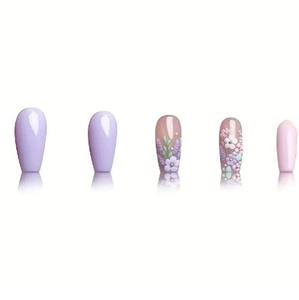 Long coffin lavender purple press-on nails with 3D floral art on white mirror base
