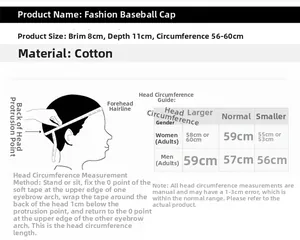 Size chart for unisex cotton baseball hat with dimensions and head circumference guide