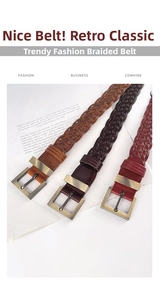Detailed view of woven cowhide belts with vintage metal buckles in brown and burgundy