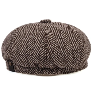 Classic brown herringbone newsboy cap for men and women with warm wool-like texture