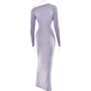 Detailed back view of a slim-fit purple maxi dress with ruched fabric and shimmer finish