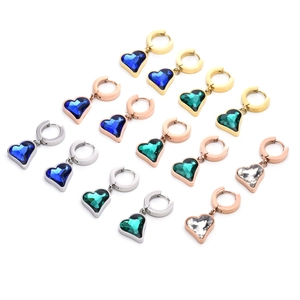 Heart Hoop Earrings Stainless Steel Geometric Heart Pendant Rhinestone Huggie Earrings Women Fashion Jewelry