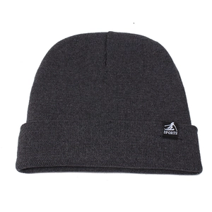 Close-up of dark grey knitted beanie showing fabric texture and Sports woven label